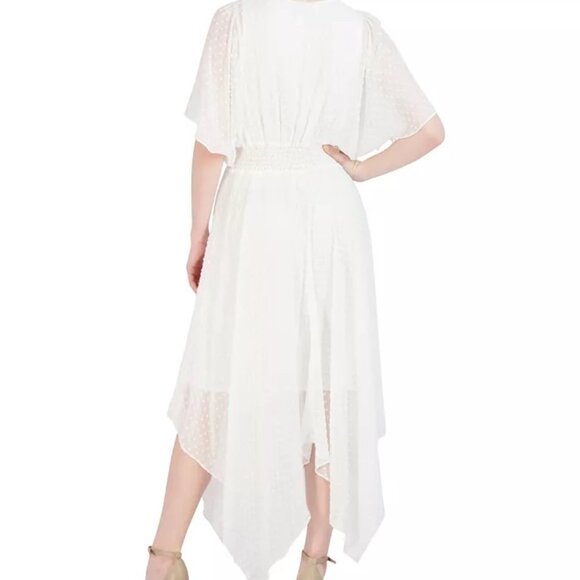 ROBBIE BEE PETITE V NECK CHIFFON SHORT SLEEVE FIT AND FLARE DRESS  PS OFF WHITE - Picture 2 of 15